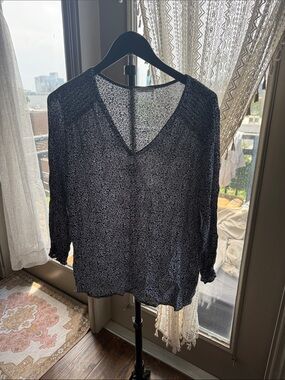 Christian Siriano Navy and White Floral Sheer V-Neck Blouse